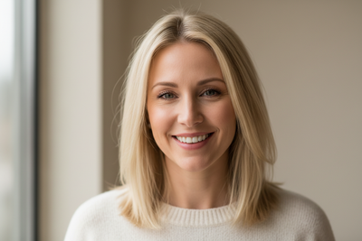 35 year old blonde woman satisified portrait