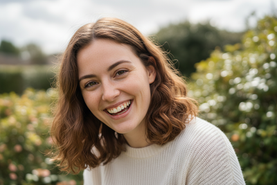 Generate 24 year old woman portrait happy